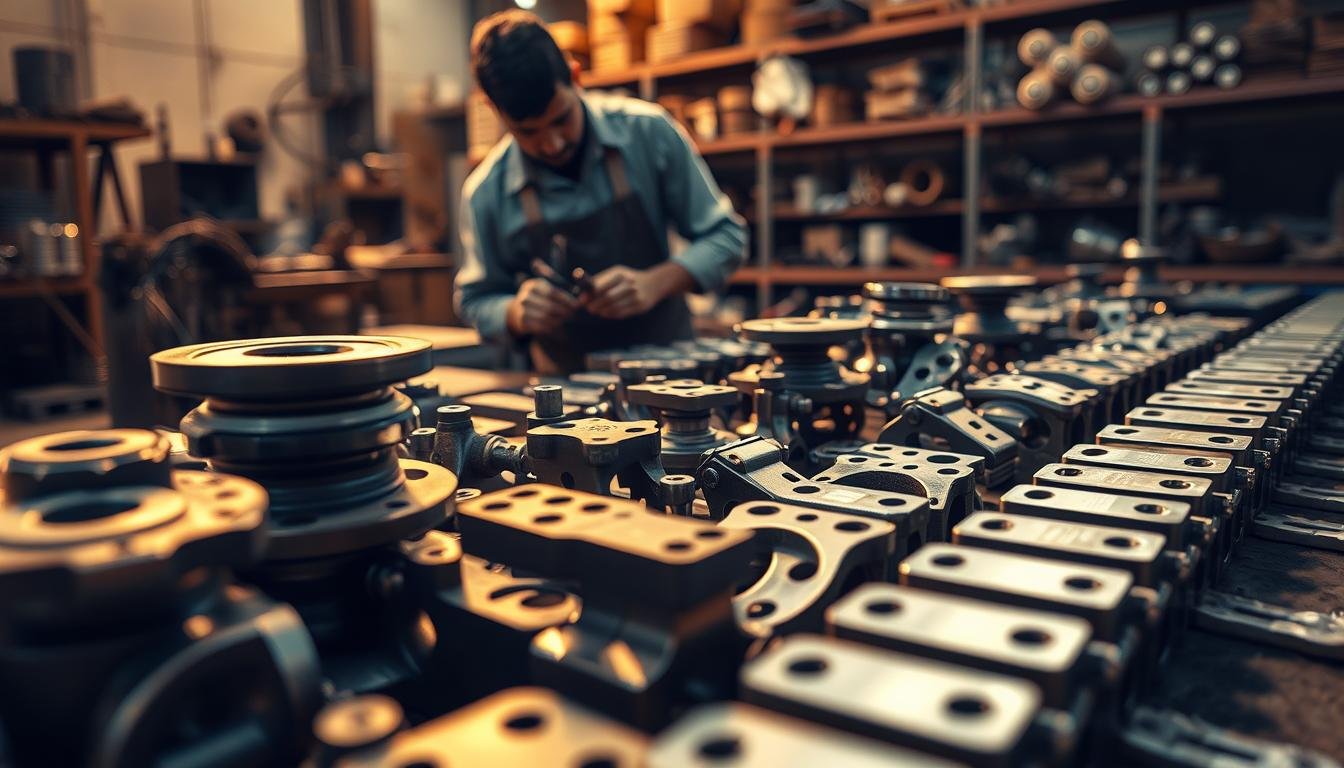 A highly detailed, expertly crafted image showcasing the premium custom iron parts offered by Namson Mechanical in Vietnam. In the foreground, intricate metal components are meticulously arranged, their surfaces glistening under warm, directional lighting that casts dramatic shadows. The middle ground features a skilled artisan carefully manipulating the parts, their hands and tools in sharp focus. In the background, the workshop environment is visible, filled with industrial machinery and shelves brimming with additional customizable parts. The overall scene conveys a sense of precision, craftsmanship, and the company's dedication to meeting the exact specifications of their clientele.