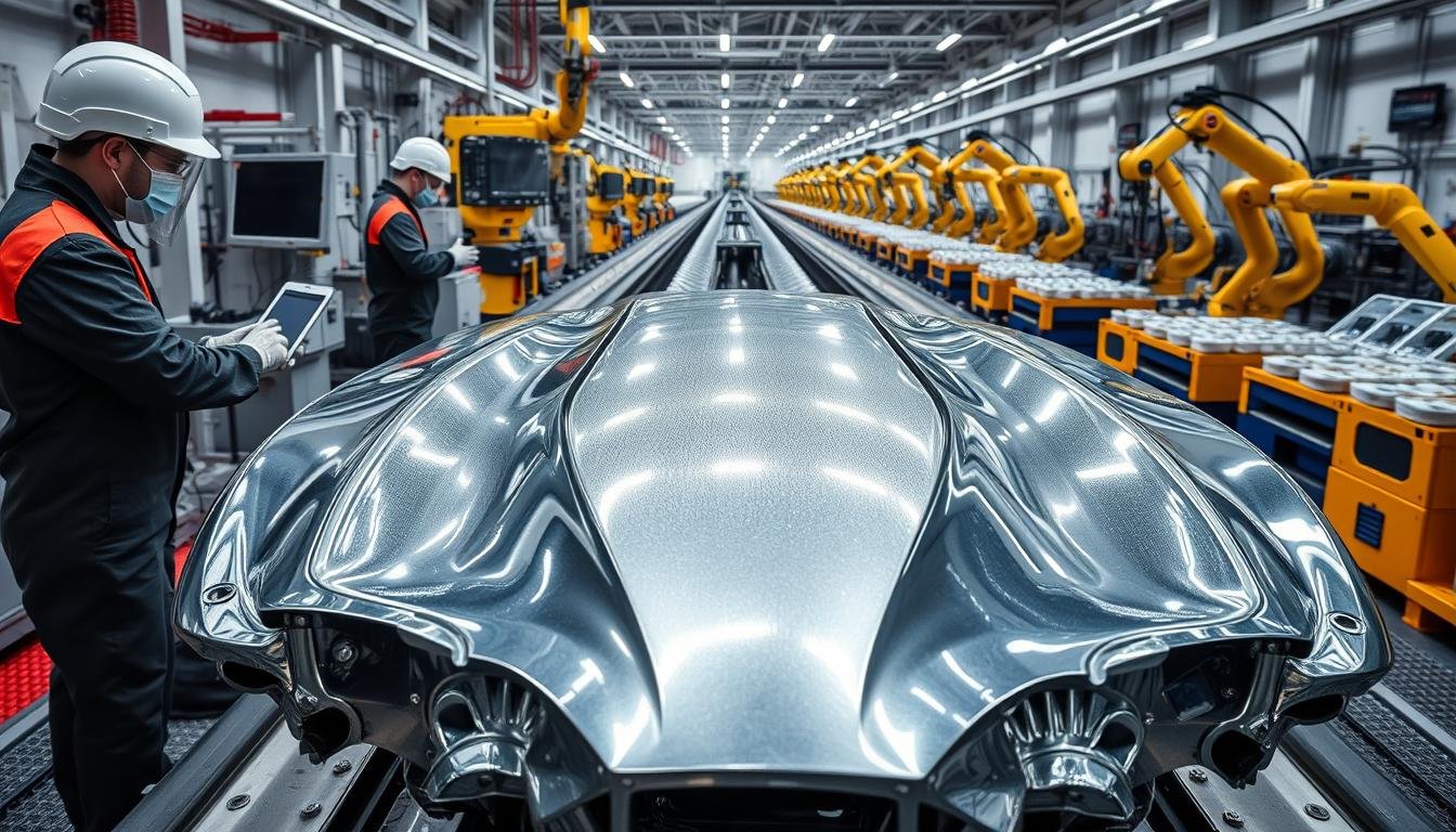Detailed view of various surface finishing technologies in a modern manufacturing facility. A central focus on a shiny, metallic automotive part undergoing a state-of-the-art coating process, surrounded by workers in protective gear operating advanced machinery. In the background, rows of finished products and automated robotic arms demonstrate the precision and efficiency of the manufacturing line. Lighting is bright and directional, emphasizing the intricate textures and reflective surfaces. Crisp, high-resolution imagery captures the technical complexity and innovation inherent in modern surface finishing techniques.